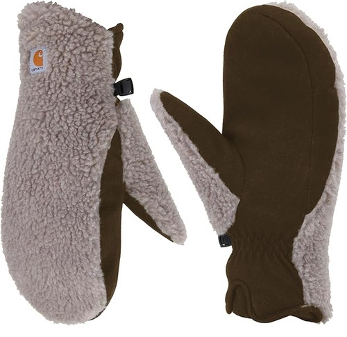Carhartt women's WA683 Sherpa mitts with brown outer fabric, cream fleece lining, and visible Carhartt logo patch.