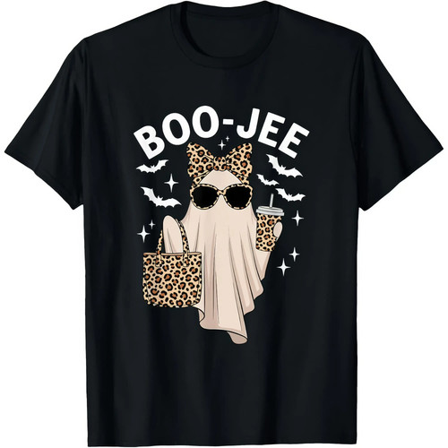Unisex Boo-Jee Leopard Ghost Coffee Graphic Casual Cotton Fall Halloween Gift T-