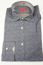 Isaia Napoli Blue Brown Floral Long Sleeve Cotton Dress Shirt 15.5/39 NEW