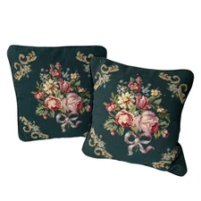 Set of 2 Steinwinder Woolen Needlepoint Pillows Green Background Black Backing