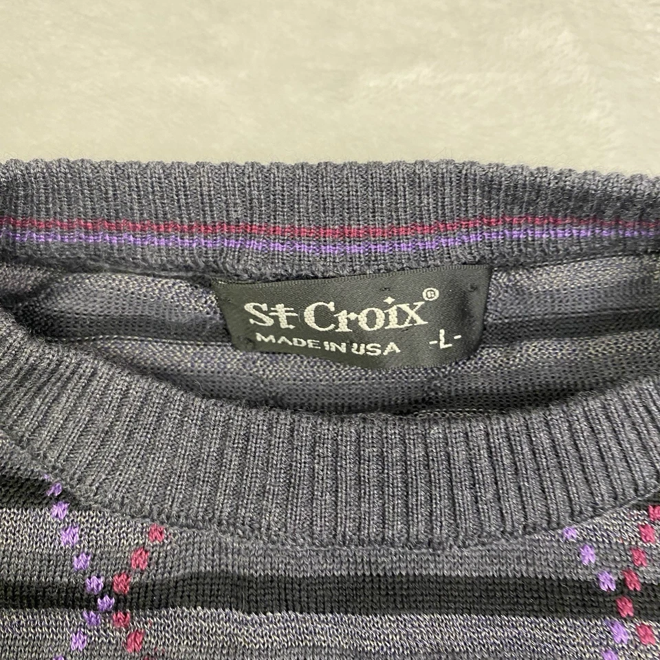 St. Croix Sweater L Wool Blend Argyle Stripe Crewneck USA Made Gray Black - Image 3 of 4