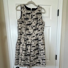 Vince Camuto Jacquard Fit & Flare Dress Geometric Black Beige Silver Sz 12