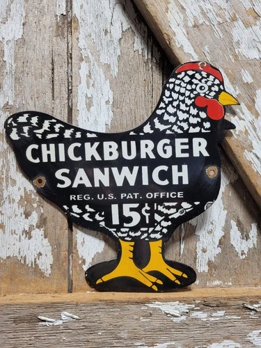 VINTAGE CHICKBURGER SANWICH PORCELAIN SIGN CHICKEN FOOD ROOSTER BURGER SANDWICH
