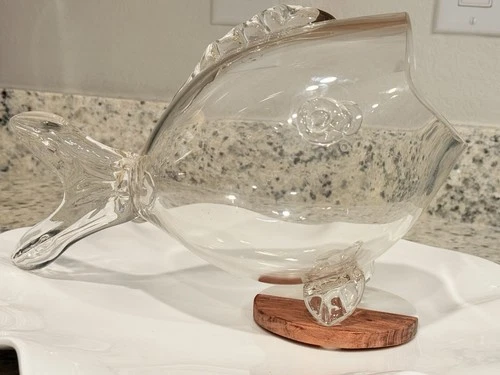 Vtg Mid Century Blenko Style Art Glass Hand Blown Clear Fish Vase Bowl Terrarium