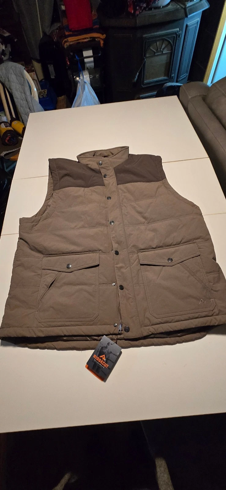 RIDGECUT TOUGHWEAR Mens 2XL Canvas Vest Zip & Snap Front Insulated Green Brown
