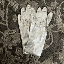 Vintage Silver Satin Evening Gloves Womens Formal Opera Costume Retro Glam