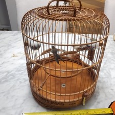 Vintage 1960 Round Asian Carved Bamboo Wooden Birdcage with birds AND porcelain