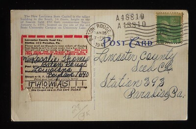 1941 POSTAL HISTORY Lancaster County Seed Co. Capitol Baton Rouge LA Paradise PA