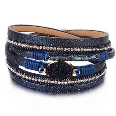  Boho Leather Bracelets Double Wrap Cuff Bracelets Crystal Bead Navy Blue