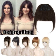 Real Remy Human Hair Extensions Clip In Fringe Bangs Front Hairpiece THICK Brown