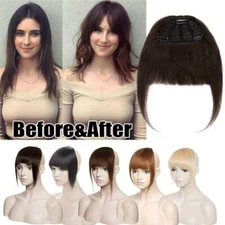 Real Remy Human Hair Extensions Clip In Fringe Bangs Front Hairpiece THICK Brown
