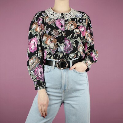 Vintage 90er Muster schwarz Blumen Häkel Peter Pan Kragen Bluse Top Small 10
