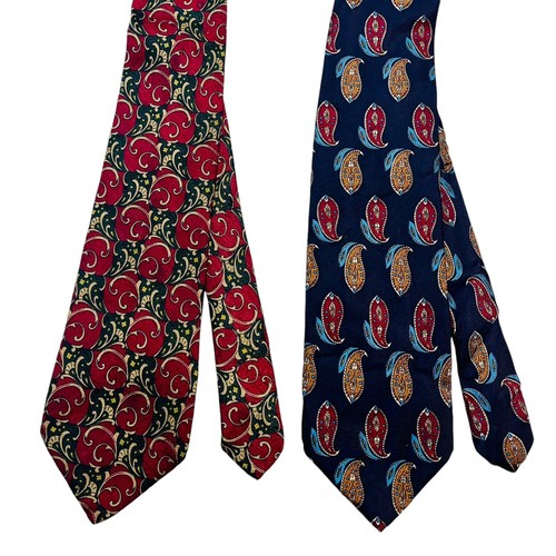 Vintage FENDI Cravette Silk Necktie Tie Lot Of 2 Blue Paisley Red Green Italy - Picture 2 of 12
