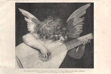Stampa antica ANGELO CON LA CHITARRA musica Rosso Fiorentino 1893 Antique print