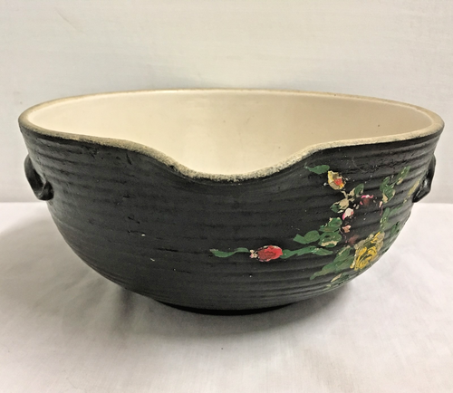 Antique Bowl Cold Painted Stoneware Pottery Ribbed Pour Spout Roses - Picture 4 of 12