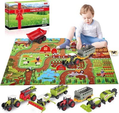 Realistic Die-Cast Farm Vehicles Set with Play Mat - Fun Learning for Kids