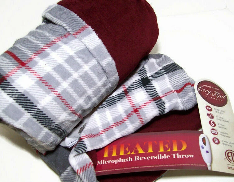 Biddeford Heated Electric MicroPlush Reversible Wine Red Plaid Throw Blanket - Image 2 of 4