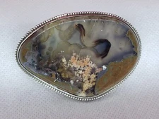 Large Vintage Sterling Silver Solid Moss Agate Brooch Pin or Pendant- 50.1 Grams