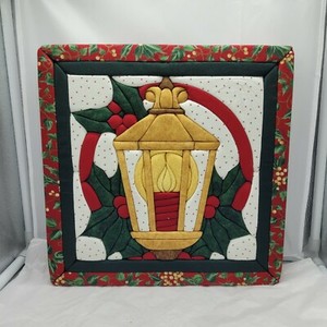 Maroon Poinsettia Streetlamp Hollyberry Framed Quilted Puffed 3D Canvas Xmas Art