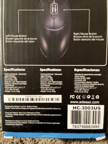 ADESSO HC-3003US 3BTN OPTICAL WHEEL MOUSE USB 5M CLICKS KEY BUILT-IN SCROLL WHEE - Picture 8 of 8