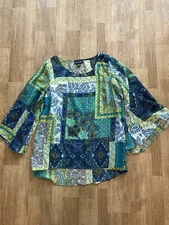 I.N. Studio Sheer Blouse Patchwork Paisley Small S Top Green Blue Kimono Sleeves