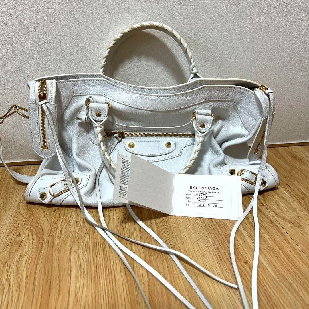 BALENCIAGA The 115748 2Way Hand Bag Bag Leather White Gold Used