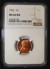 1952 LINCOLN WHEAT CENT NGC MS 66 RD