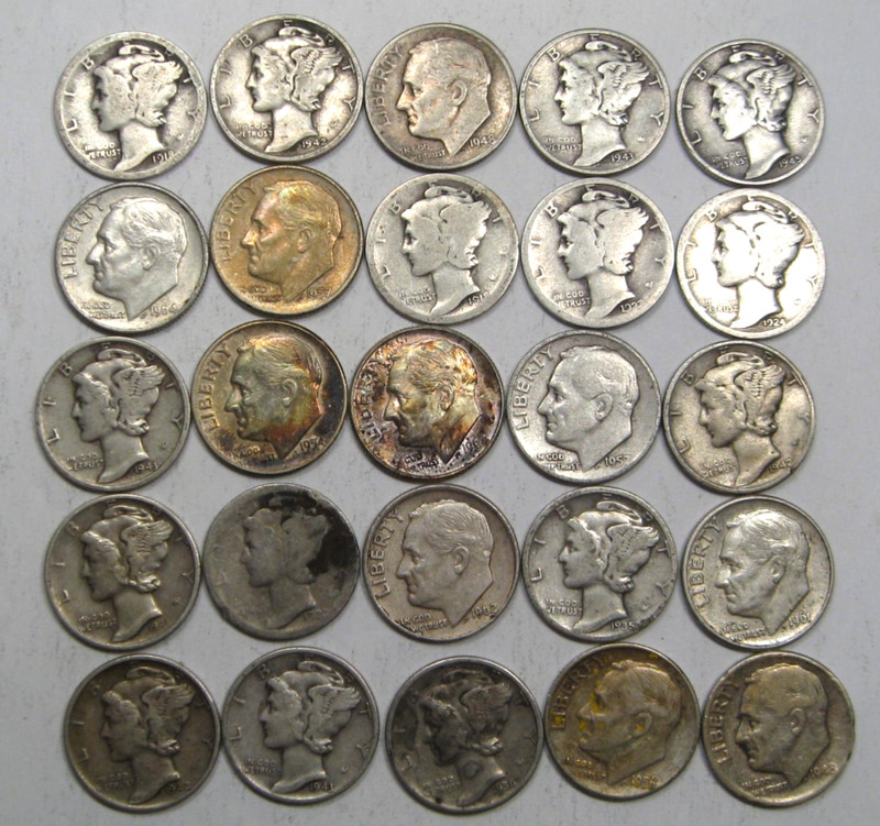 25 ($2.50 Face) US 90% Silver Dimes Junk/Constitutional. #3 t