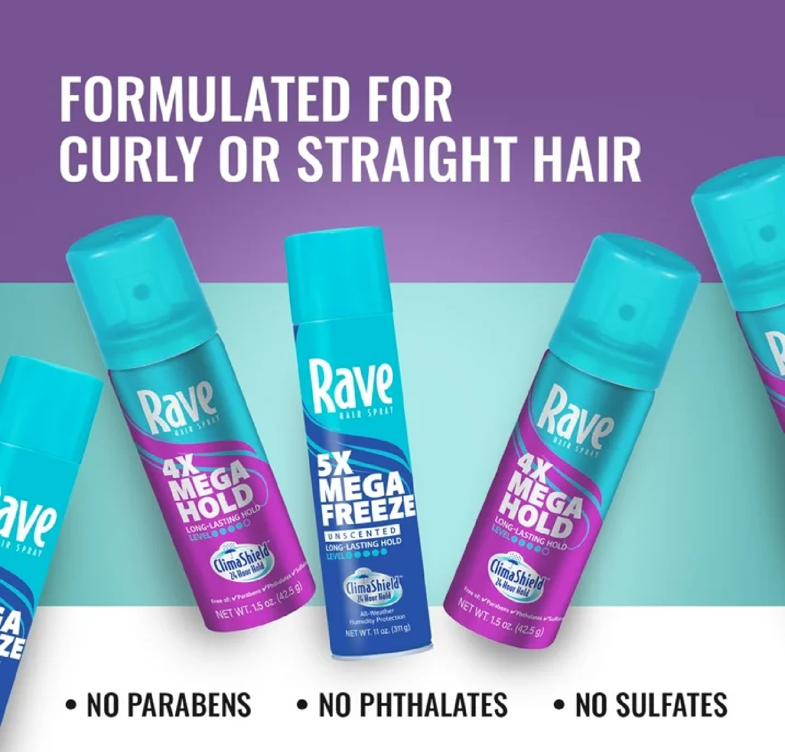 (4 pack) Rave 4X Mega Hold Hair Spray, All-Weather Protection, Travel Size, 1.5