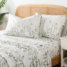 Zusbest Off White Floral Sheets Queen 100 Cotton Wildflower Bed Sheet Set Green