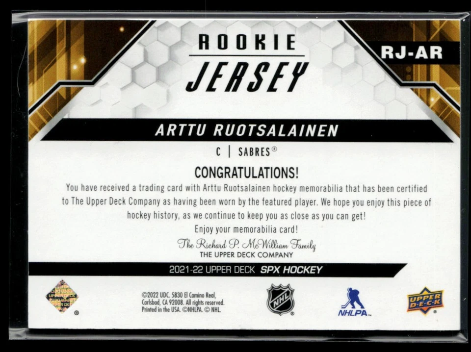 2021-22 SPx Rookie Jersey #RJ-AR Arttu Ruotsalainen RC - Image 2 of 2