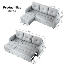 Grey Corner 3 Seater Sofa Bed with Storage Couches Pull Out Recliner Sleeper