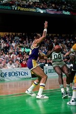 Robert Parish Boston Celtics makes a move to the basket v Kareem A- Old Photo