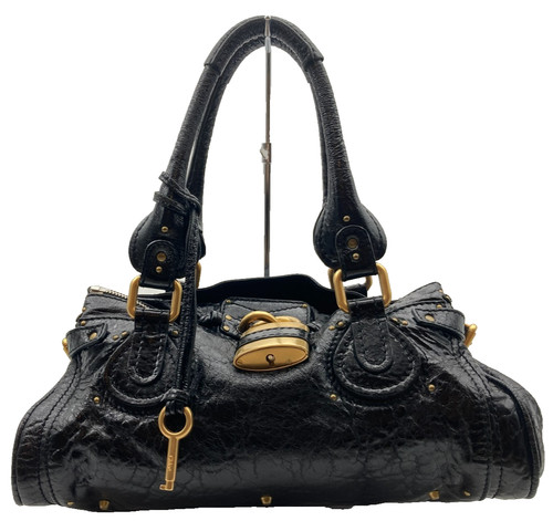 Chloe Paddington BLACK Crinkled Patent Padlock Key Leather 36cm Hand Bag