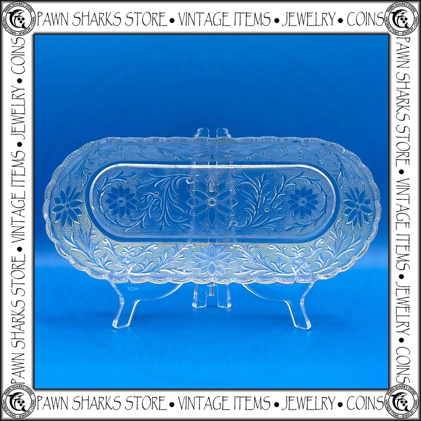 Indiana Glass Sandwich Celery Dish Scalloped Edge Clear Pressed Floral Pebbled