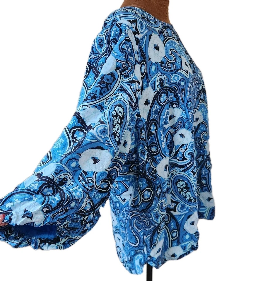 Talbots Топ Размер XL Синий Пейсли Принт Поповер Блузка Puff Рукав Вискоза Бохо - Изображение 2 из 4