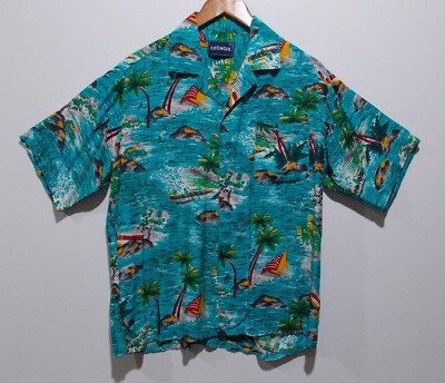 トップス vintage shirts rayon Vintage Network Hawaiian Shirt Mens Large Blue Colorful Floral