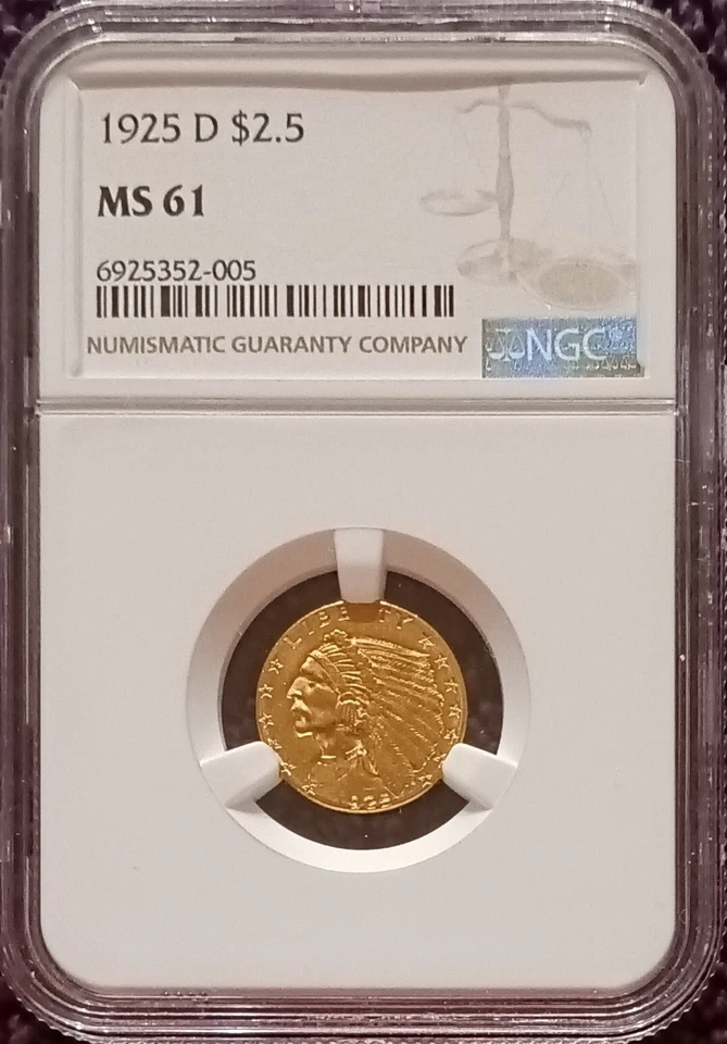 1925-D Indian $2 1/2 gold Quarter Eagle, NGC MS-61, with attractive strike - Image 2 of 4