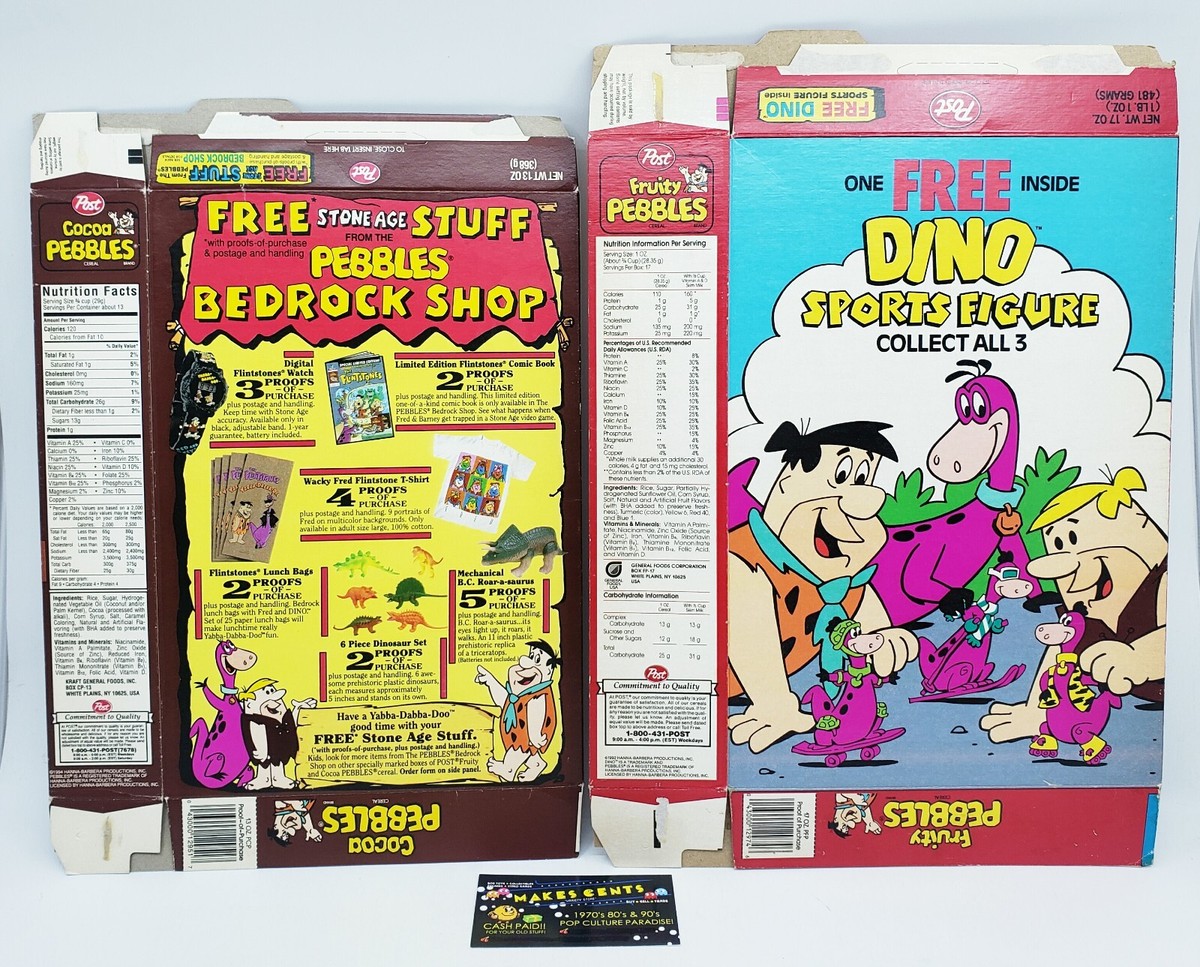 Lot Of 2 - 1993 FRUITY & COCOA PEBBLES Empty CEREAL BOX Flat Dino
