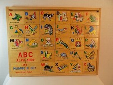 Wooden Wood ABC Alphabet  Number Puzzle Set Double Sided Storage Tray 30 PCS