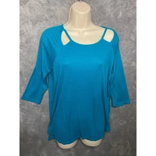 A New Approach Turquoise Blue Cutout Neck 3/4 Sleeve Ribbed Knit Top Women's L