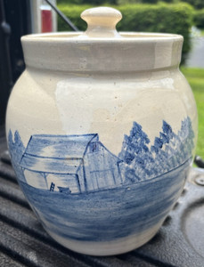 Vintage -PR Paul Storie Pottery Stoneware Barn Scene Crock W/ Lid- Marshall TX