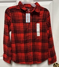 Cat Jack Boy's Large 10-12 Flannel Long Sleeve Button Up Shirt Red Plaid