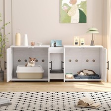 Double Room Litter Box Enclosure Cabinet Odor-Reducing Mat American White Oak