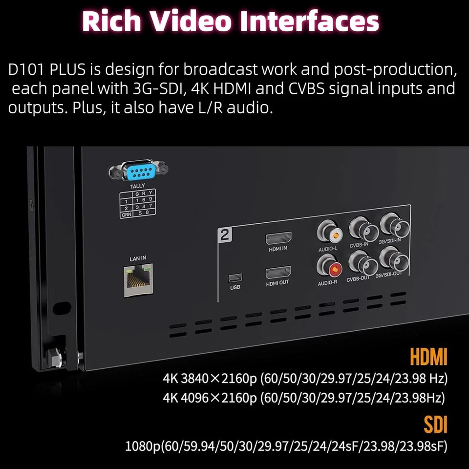 FEELWORLD D101 PLUS Dual 10.1" 4RU Rackmount Monitor 4K HDMI SDI 1920x1200 IPS - Image 3 of 4