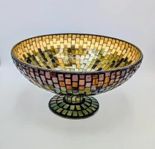 Pier 1 Mosaic Pedestal Bowl Gold Green Glass Tile Compote Centerpiece