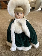Anco 16 Inch GREEN SANTA DRESS /CAPE Porcelain Doll 16” w Metal Stand GREAT