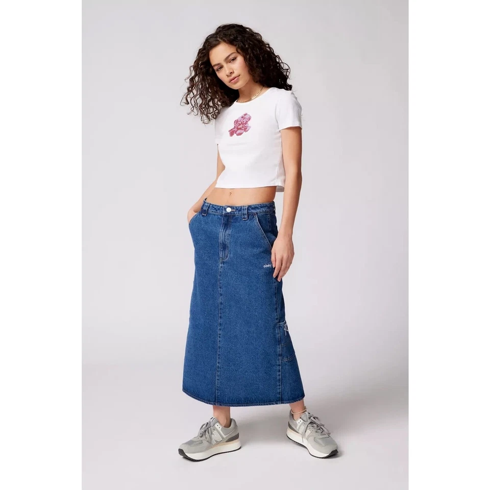 Falda midi vaquera bordada de enebro OBEY para mujer 27 nueva sin etiquetas Foto 2 de 4