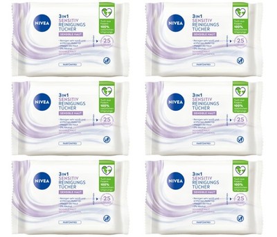 Nivea 3in1 Sensitiv Reinigungstücher 6 x 25 Tücher Sanft parfümfreiMakeUpEntfern