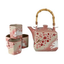 Porcelain Tea Set Square Shape 20 fl oz Teapot with 4 Hexagon Cups Hand Painted